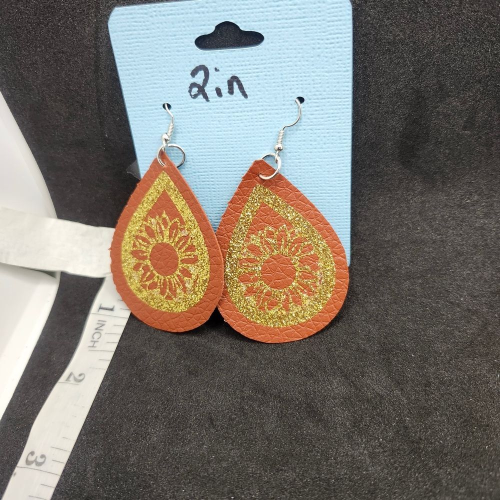 Hand Crafted Dangle Earring Faux Leather Sunflower Brown and Gold Teardrop
